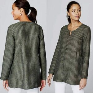 Pure J. Jill Linen Womens Blouse Top Tunic M Green Pinstripe Pockets Lagenlook